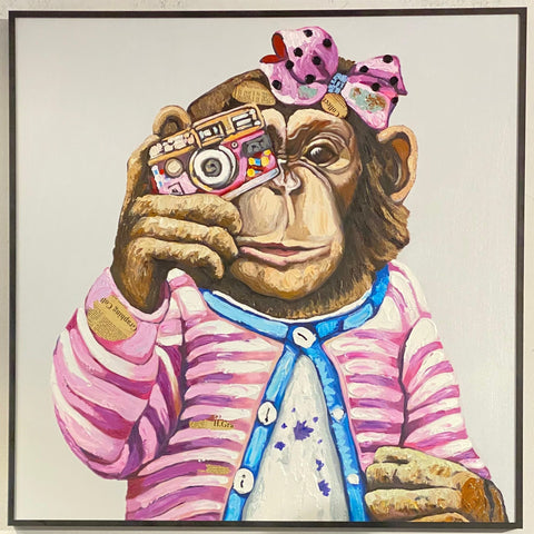 Snap Snap Chimp Girl Painting With Black Frame